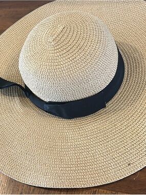 Wide-Brim Straw Sun Hat with Black Ribbon Trim